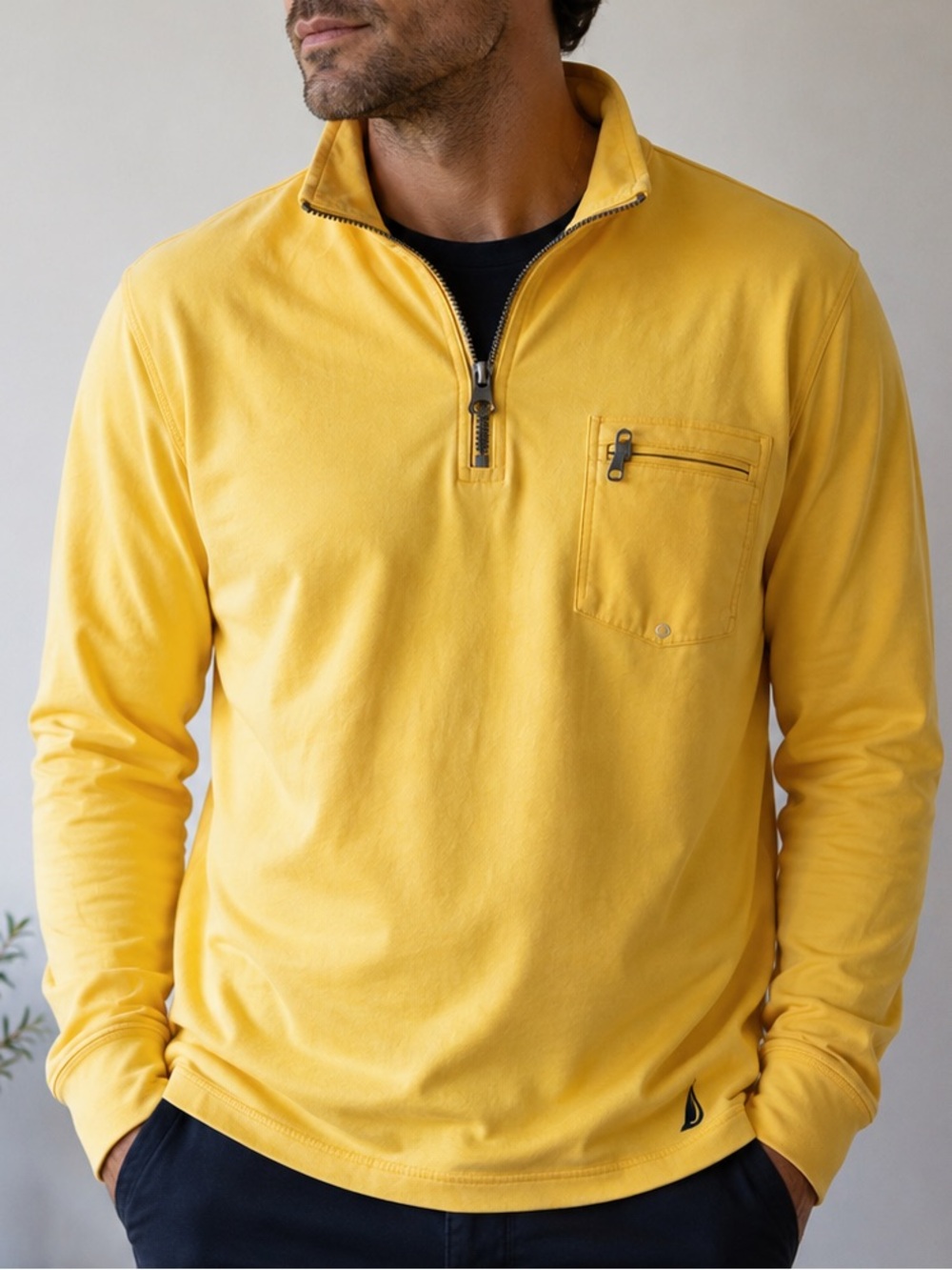 💛 Nautica Yellow Half-Zip Pocket Turtleneck Pullover 100% Cotton -Size M